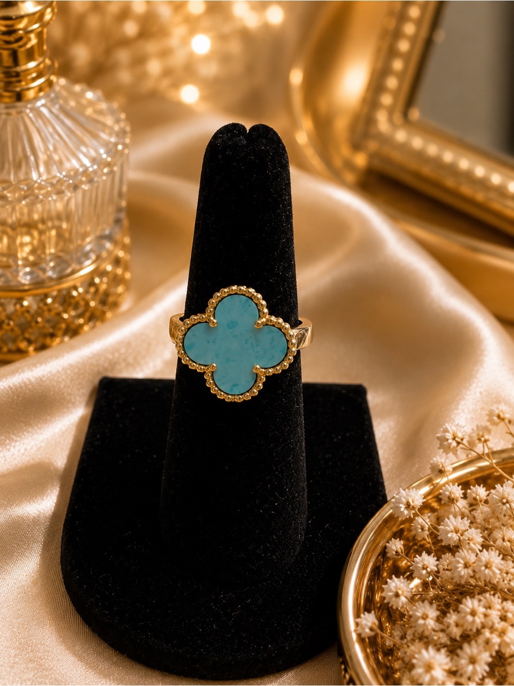 Turquoise Clover Statement Ring | Size 8 | Gold-Tone